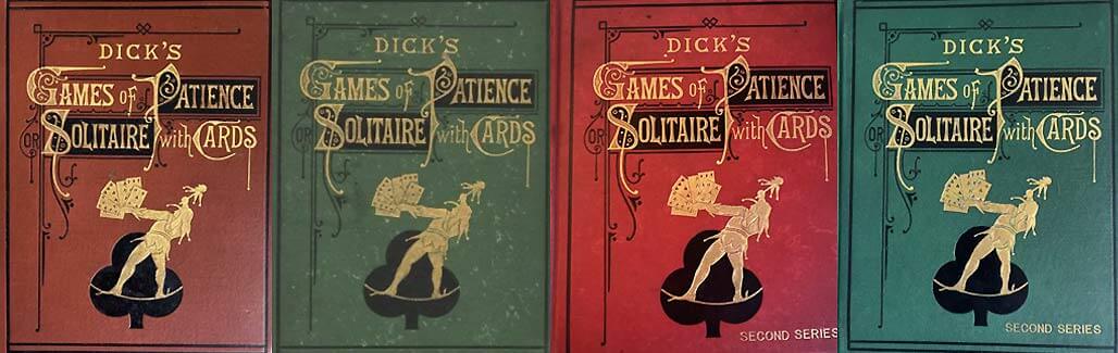 Vier verschillende uitgaven van het boek Dick's Games of Patience