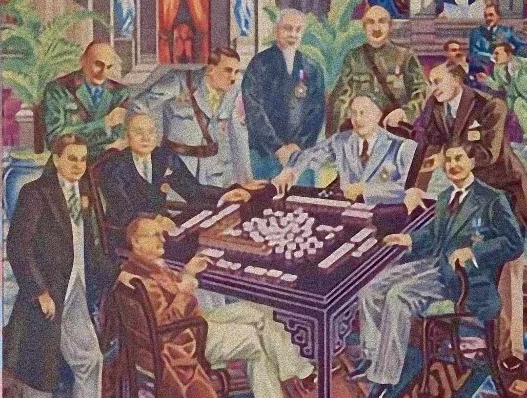 Het schilderij The World Peace Mahjong toont historische wereldleiders die samen mahjong spelen