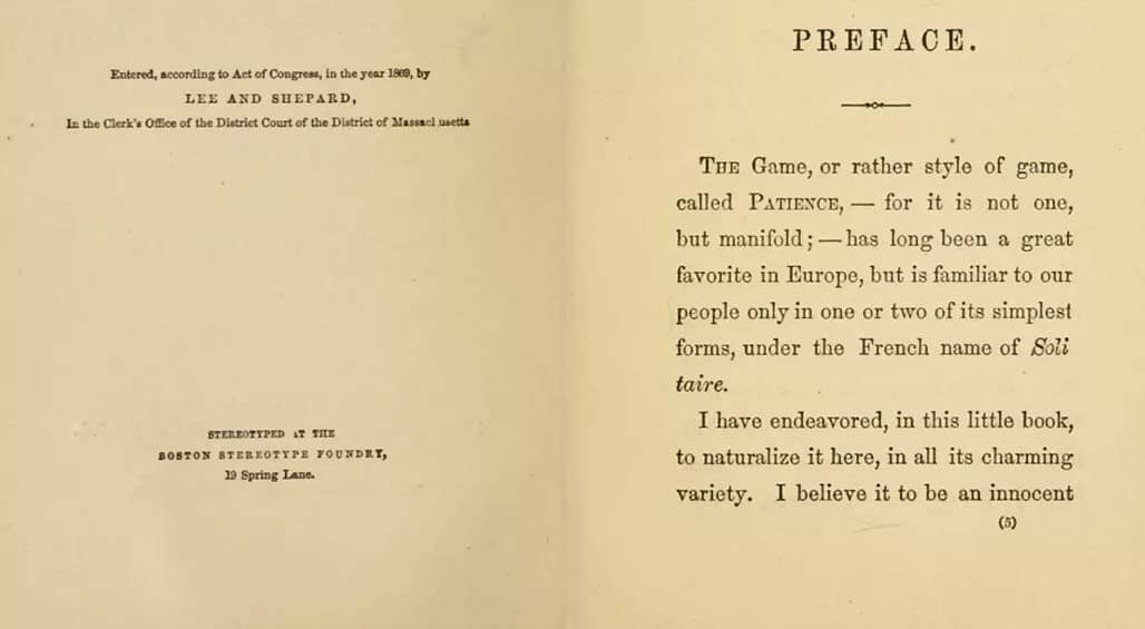 Voorwoord van een boek uit 1869, gepubliceerd door Lee and Shepard, over het kaartspel Patience